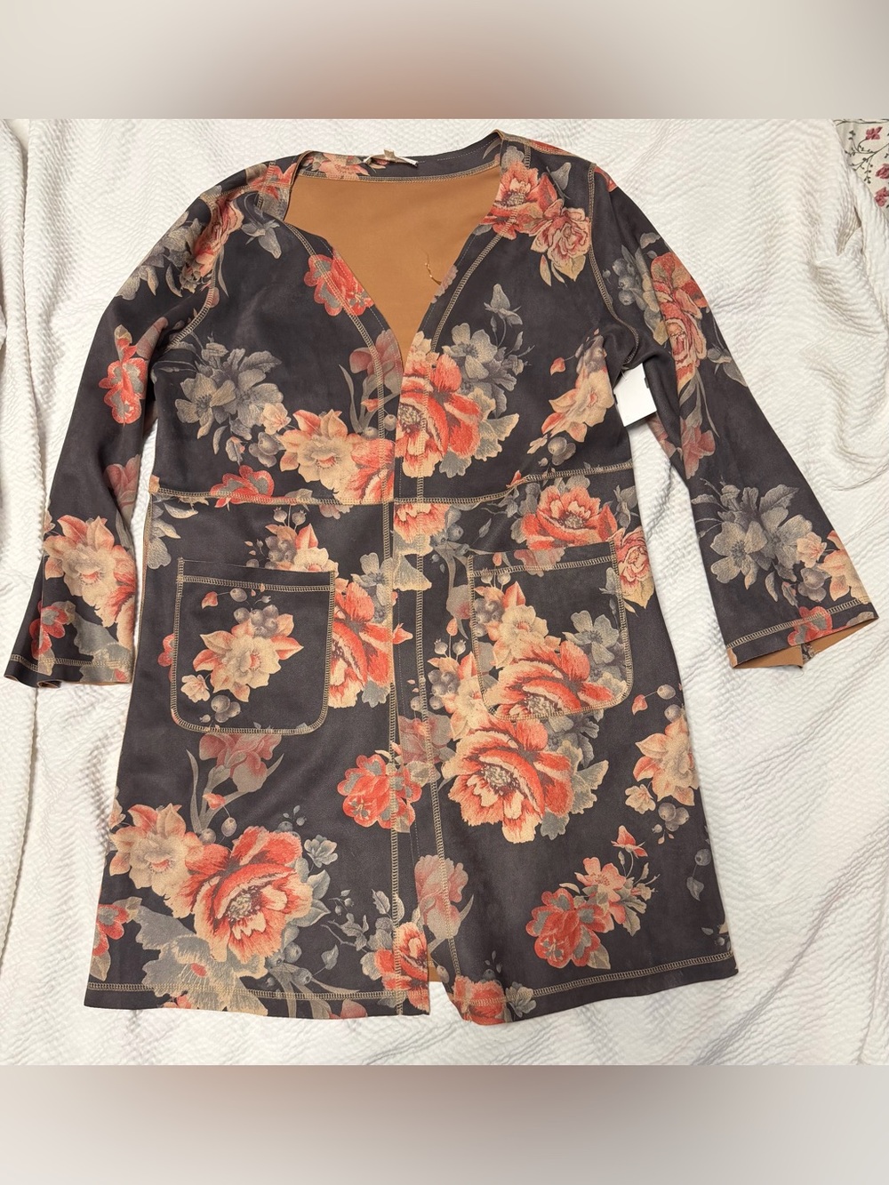 Anthropologie Solitaire Fall Floral Cardigan in Charcoal and Coral